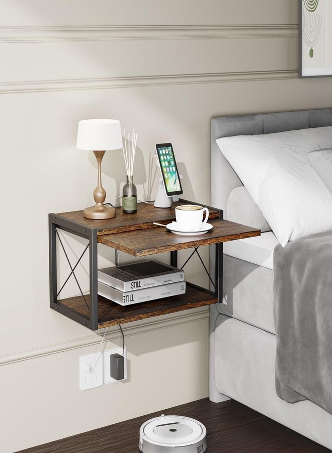 FNBAR 2-Tier Floating Nightstand, Wall Mounted Bedside Table, Wood Bedside Shelf Wall Mounted Nightstand, Floating Bedside Table Wall Shelf for Bedroom, Living Room, Kitchen, Office, Rustic Brown - Image 3
